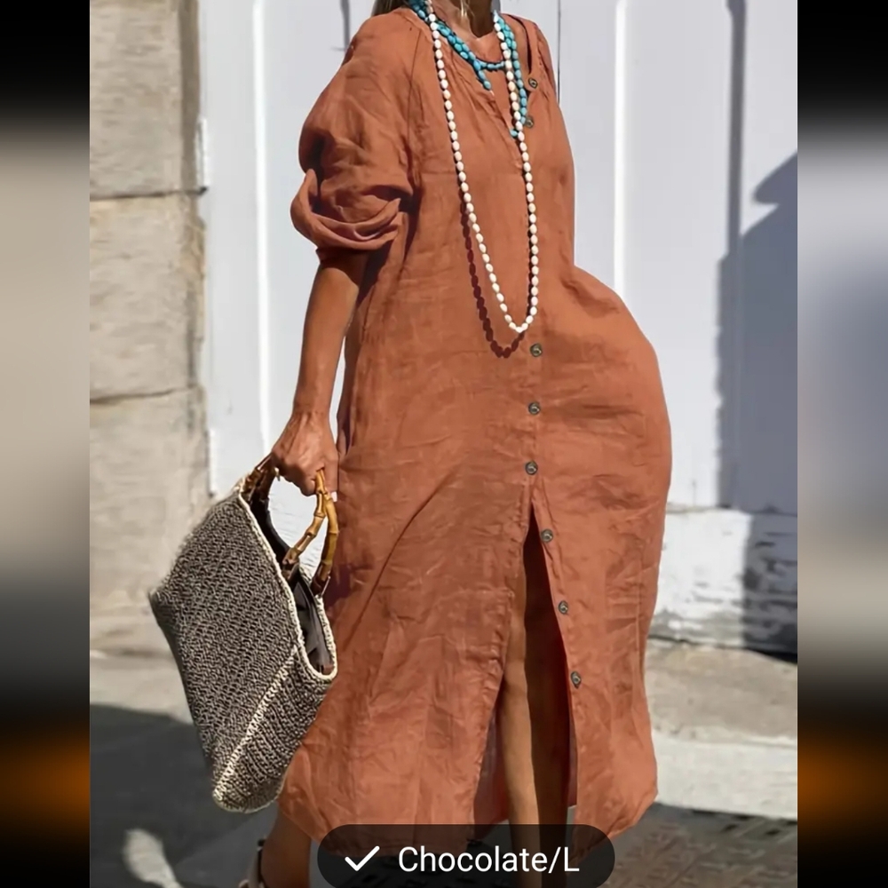 Cinnamon colored linen dress button front, collarless, w/pockets NWOT